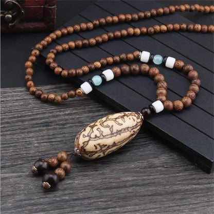 Long Wooden Beaded Tassel Boho  Necklace Nepal Wood Beads