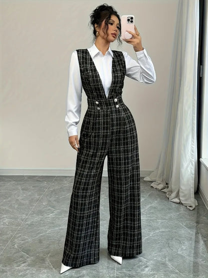 High Waisted Wide Leg Plaid Tweed Jumpsuit Double Breasted attached Vest with Pearl Buttons