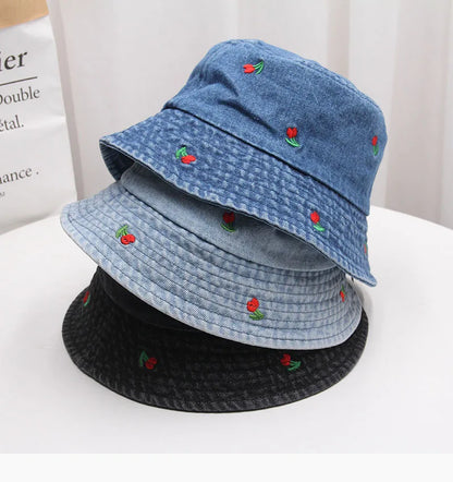 Washed Denim Embroidered Watermelon, Bows, and Cherries to choose from in various colors!