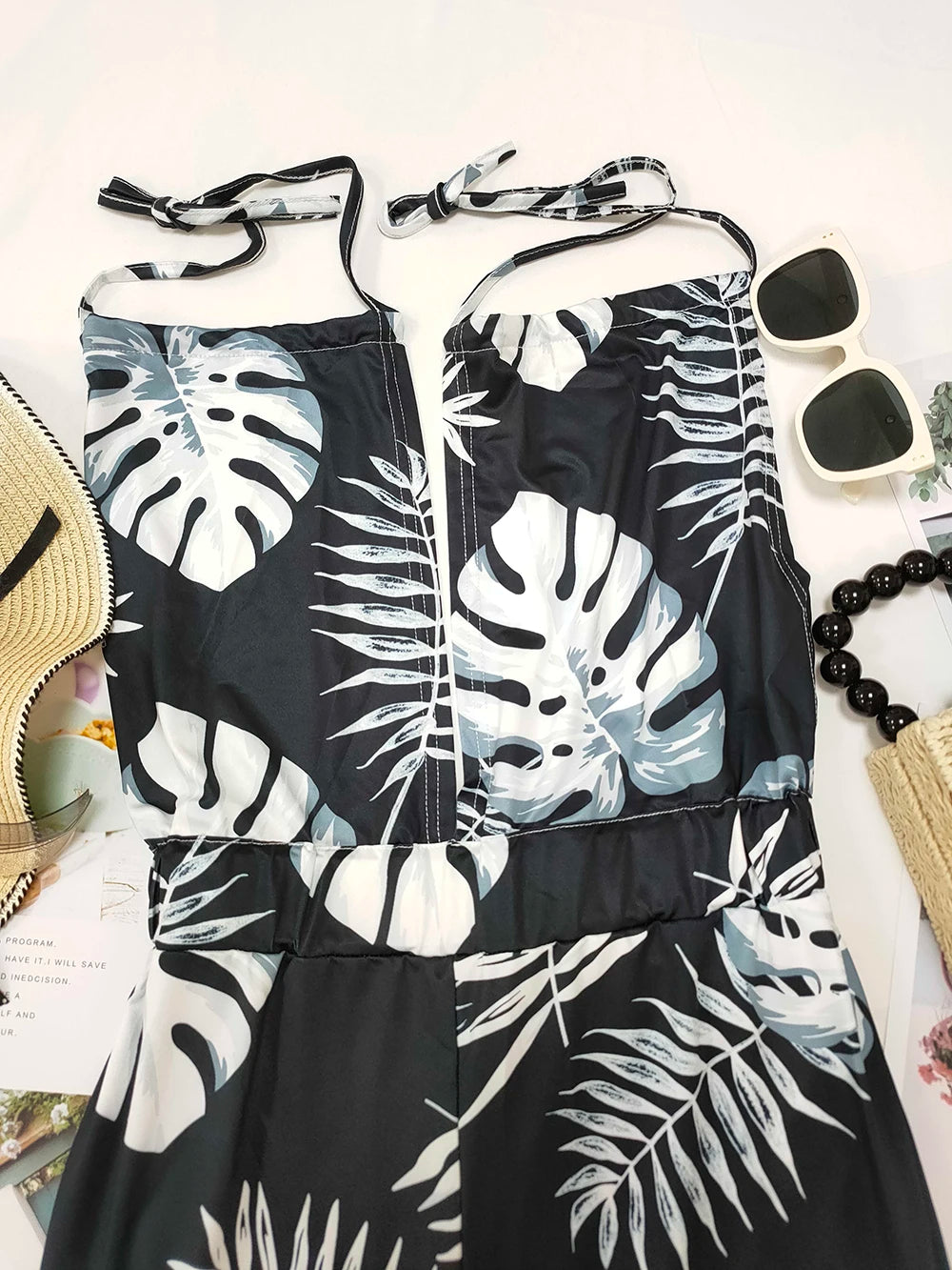 Sizes to 3XL, Colorful print jumpsuits, Sleeveless ,  Plunging V-neck , Halter top, Long Wide pants, Elastic Waist