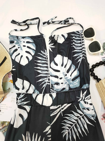 Sizes to 3XL, Colorful print jumpsuits, Sleeveless ,  Plunging V-neck , Halter top, Long Wide pants, Elastic Waist