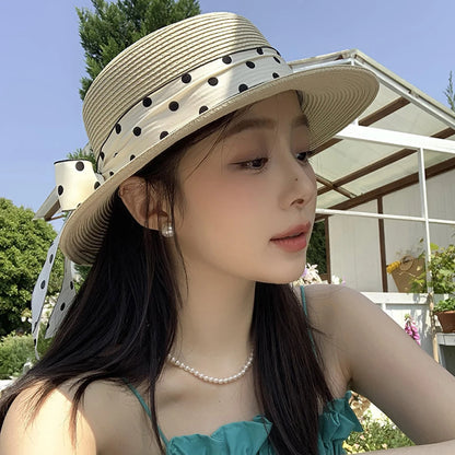 Straw Hat with Polka Dot Ribbon, Pearl, and  Wide Brim Sunshade