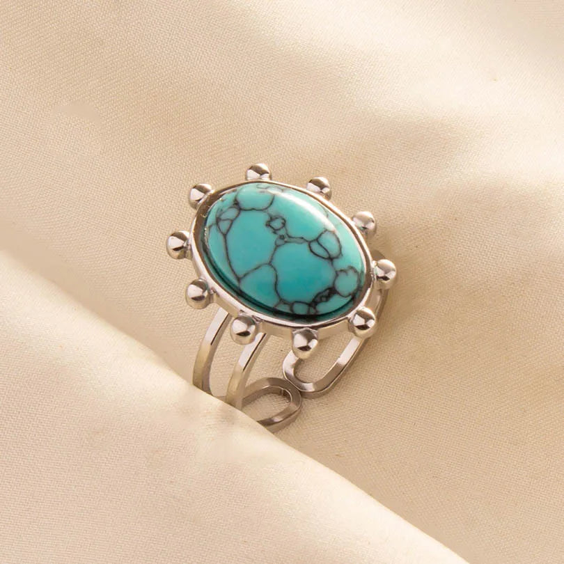 1pc Boho Turquoise Ring Stainless Steel Light Blue Gemstone Silver Adjustable Ring