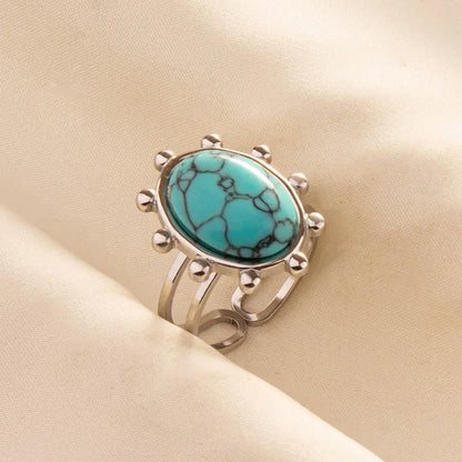 1pc Boho Turquoise Ring Stainless Steel Light Blue Gemstone Silver Adjustable Ring