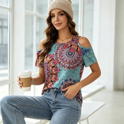 Bohemian Mandala Open Shoulder T-Shirt, Casual, Geometric Print, Short Sleeve, Loose Fit