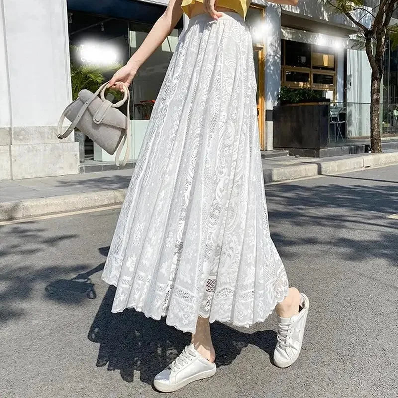 Plus Size to 4XL Lace Midi Skirt  Elastic Waist