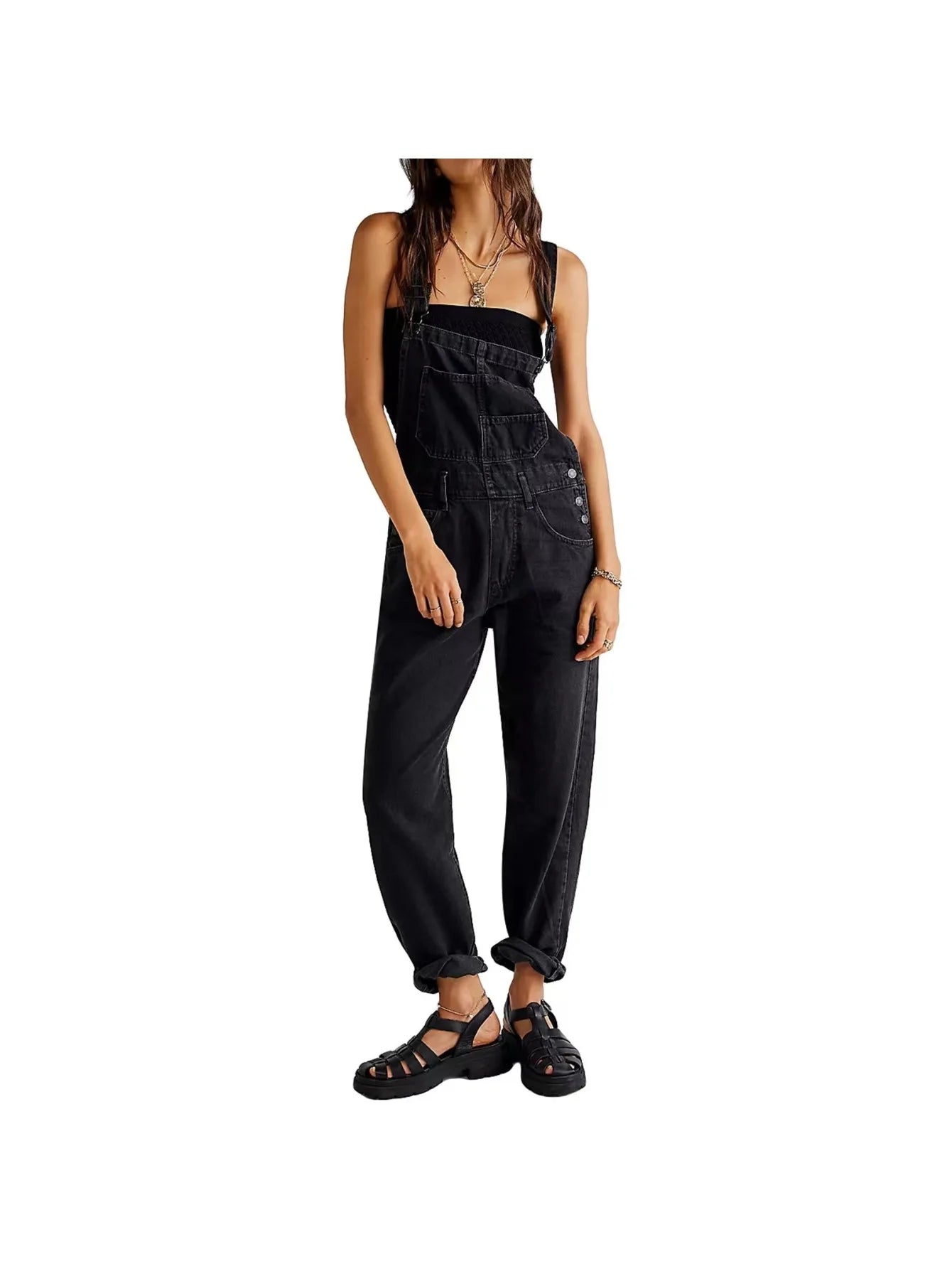Casual Denim Overalls Loose Fit Long Bib Pants in White, Black, Dark and Light Blue