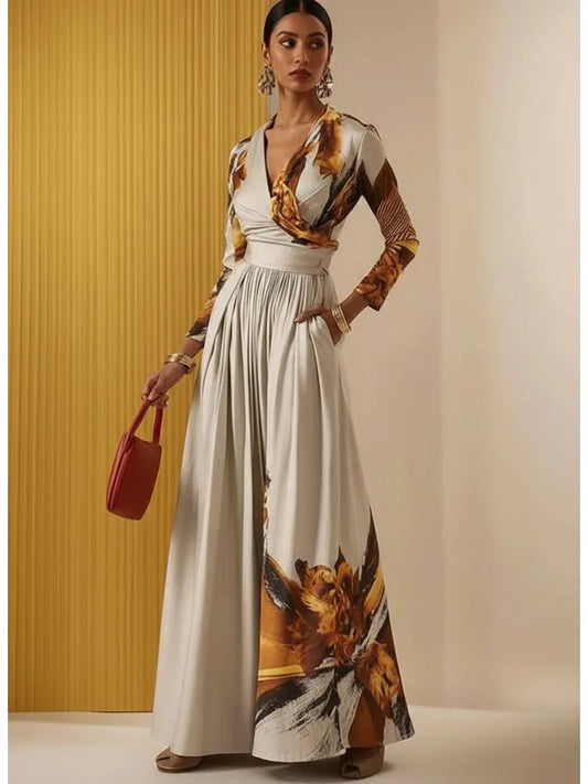 Sizes to 2XL Women's Slim Fit Jumpsuit V-neck Long Sleeves High Waist and Extra Wide Legs