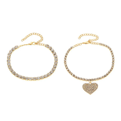 Double Heart Anklet with Crystal Cubic Zirconia Chain, Ankle Bracelet, Foot Jewelry