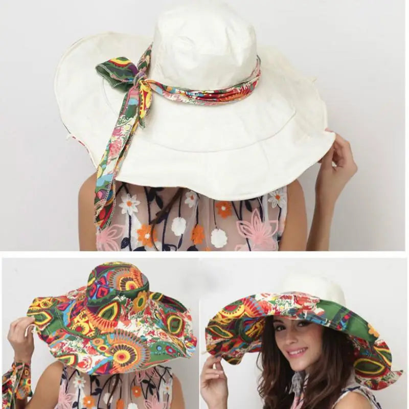Large Beach Hat Flower Printed Wide Brim Geometric print underneath Wide Brim Various Print Selections