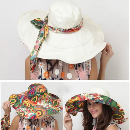 Large Beach Hat Flower Printed Wide Brim Geometric print underneath Wide Brim Various Print Selections
