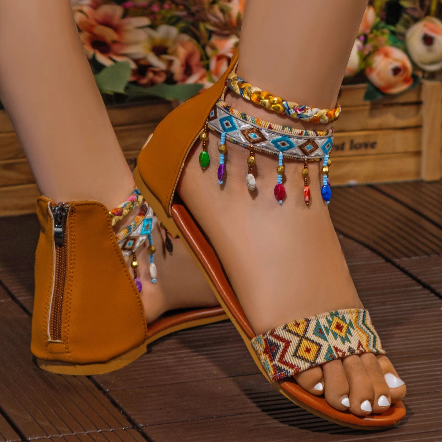 Bohemian, Romanesque Flat Sandals, Hand Beaded, Back Zipper,