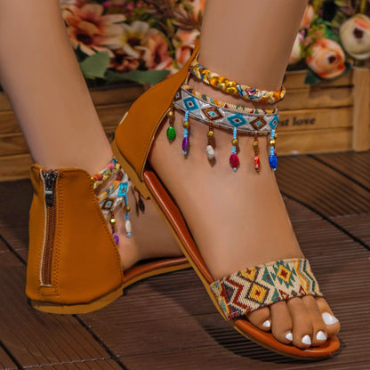 Bohemian, Romanesque Flat Sandals, Hand Beaded, Back Zipper,