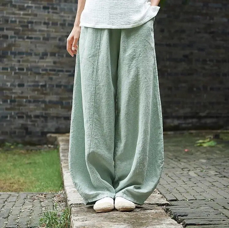 Up to 4XL Vintage Cotton Linen Blend Wide Leg Pants with elastic Waist and Pockets