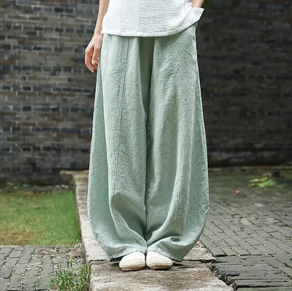 Up to 4XL Vintage Cotton Linen Blend Wide Leg Pants with elastic Waist and Pockets