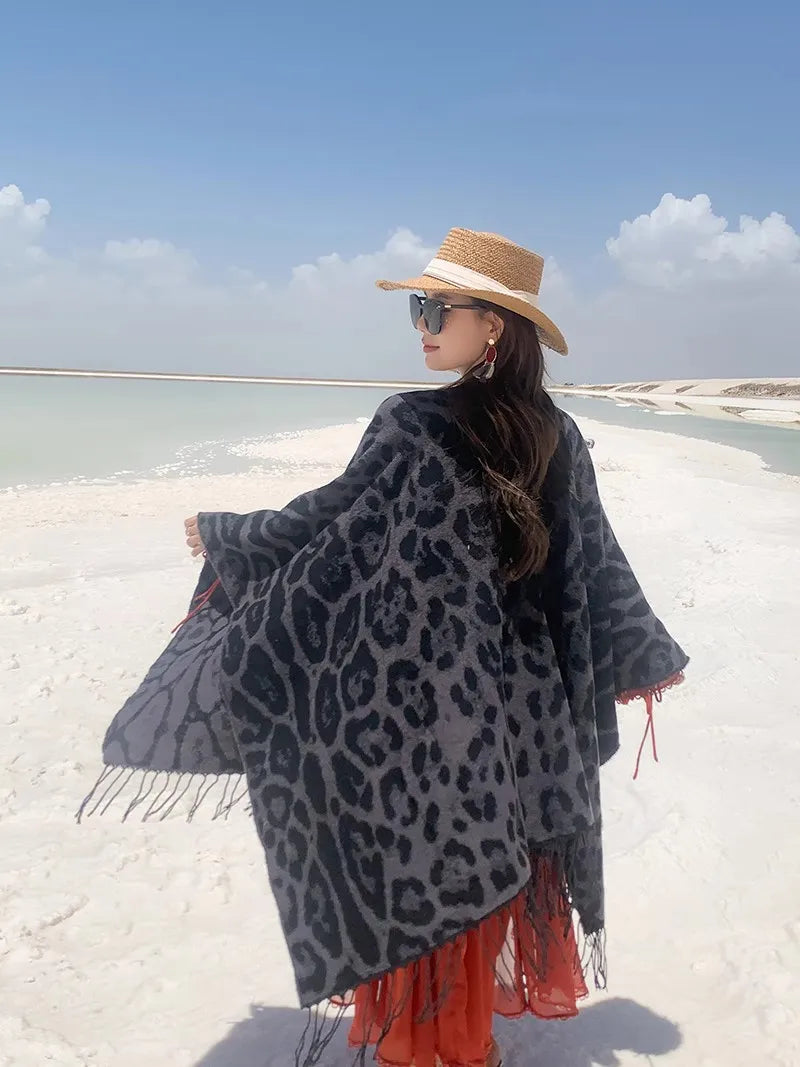 Vintage Boho Leopard Print Soft Over-the-Head Cloaks With Tassels