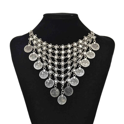 Bohemian Black Blue Stones, Coin tassel Necklace Turkish Gypsy Boho