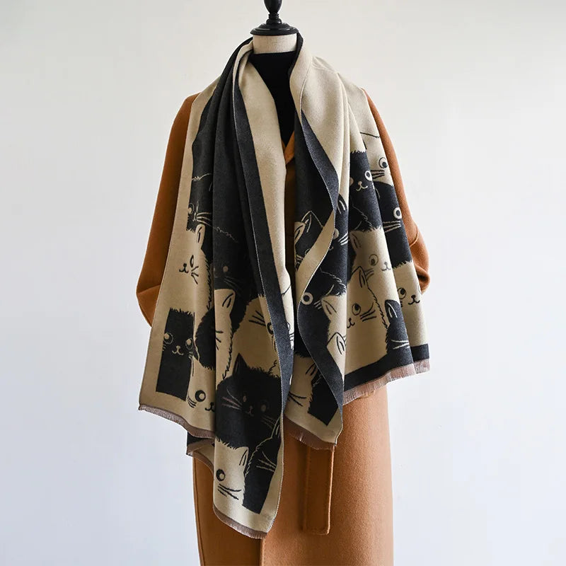 Cute Cat Ladies' Jacquard Pashmina Cashmere Scarf Thick Warm