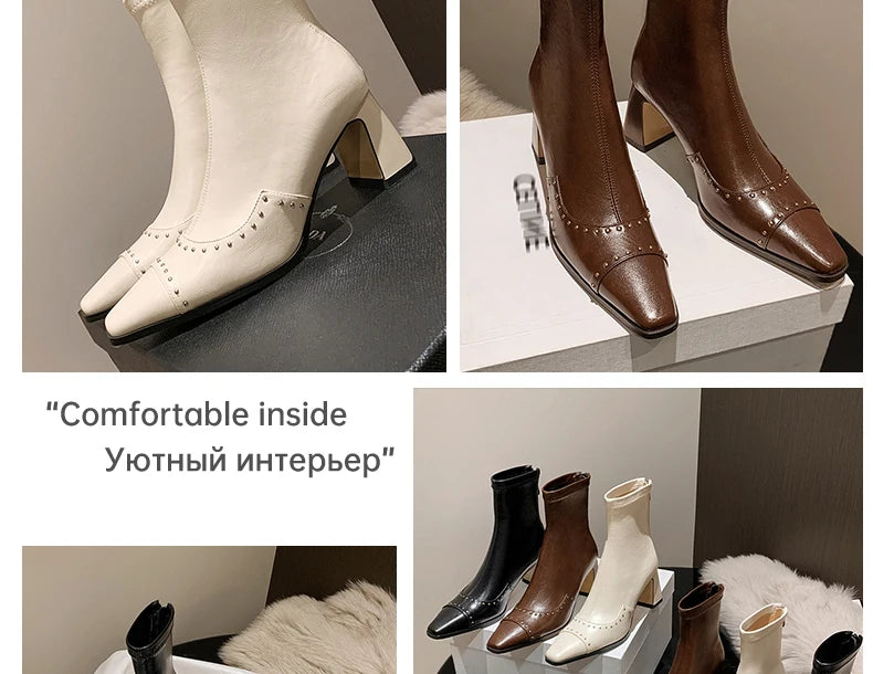 Rivetted Boots with Square Toes and Chunky Heels. Over the Ankle Stretch Tops