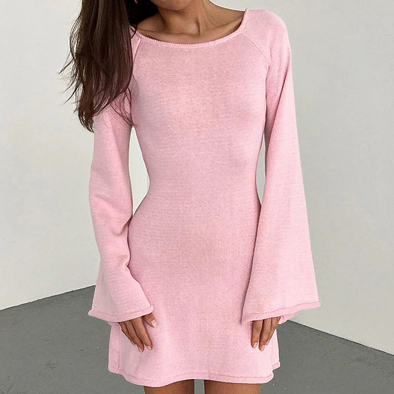 Backless Round Collar Cover-Ups Sheer Beachwear Stylish Horn Sleeve Wrap Dress