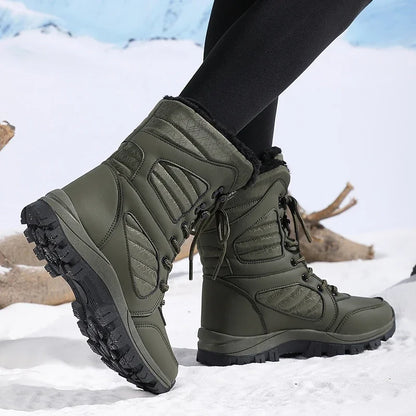 High-top Waterproof Snow Boots, Thick Plush Warm Insoles, Tie Up, Come in Army Green, White, and Black