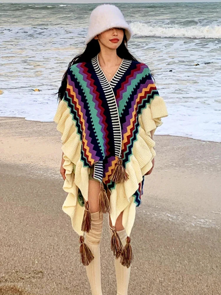 Vintage Bohemian Chic Capes Boho Ruffles Knitted Ethnic Design with Tassels