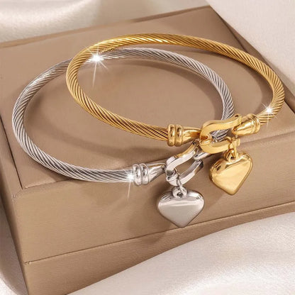 Stainless Steel Gold Color Heart Pendant Bracelets, Charm Bangle Bracelets, Waterproof Jewelry