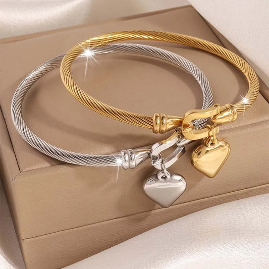 Stainless Steel Gold Color Heart Pendant Bracelets, Charm Bangle Bracelets, Waterproof Jewelry
