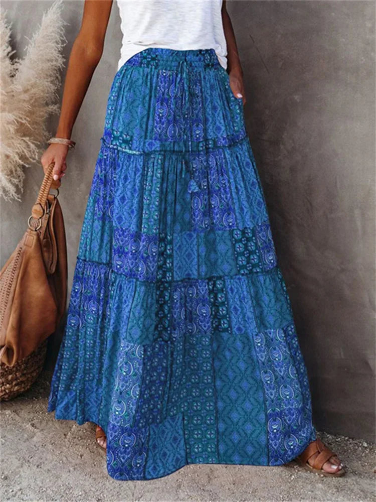 Bohemian Long Skirt with  Elastic High Waist, Tiered A-line with Pockets