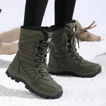 High-top Waterproof Snow Boots, Thick Plush Warm Insoles, Tie Up, Come in Army Green, White, and Black