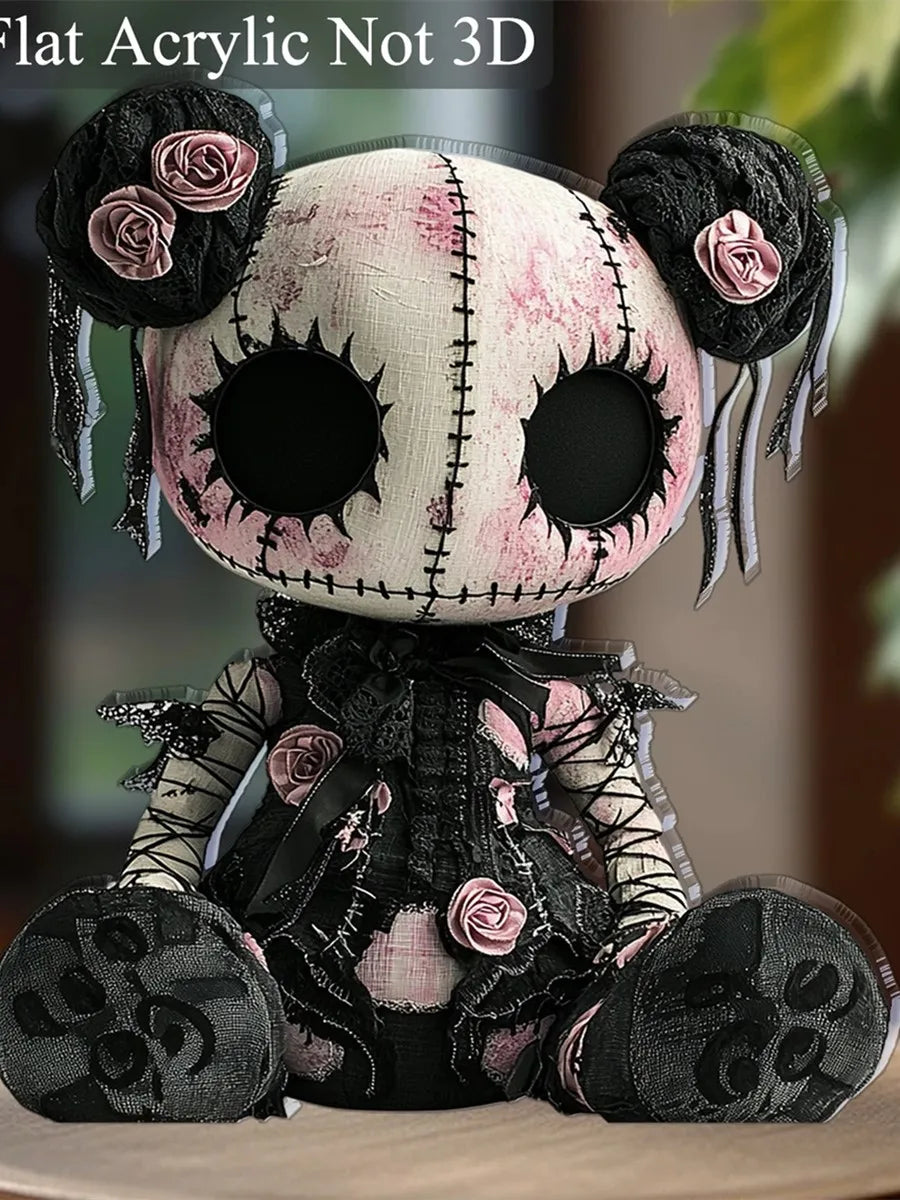 Gothic Horror Doll Vinyl Decoration - Skull & Roses 2D Art for Halloween Decoration. (Flat not 3D)