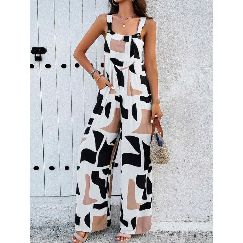Plus Size Women's New Fashion Button Sexy Sleeveless Suspender Temperament Printed Casual Belt Pocket Jumpsuit