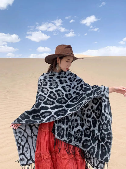 Vintage Boho Leopard Print Soft Over-the-Head Cloaks With Tassels