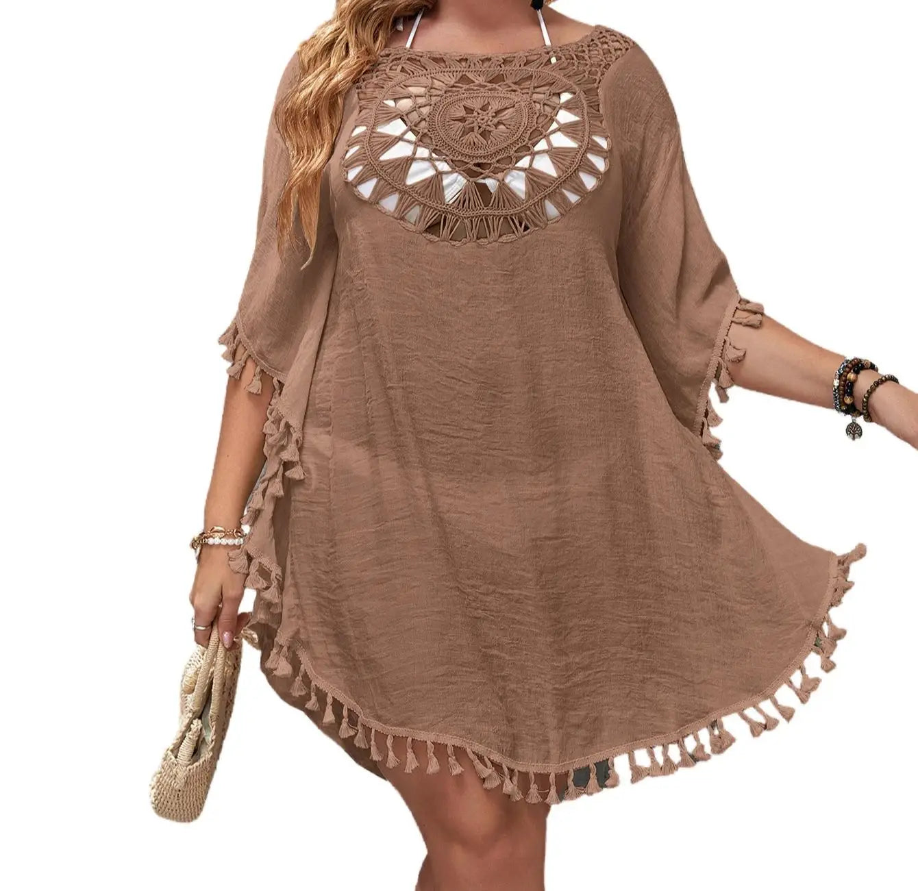To 3XL CROCHET BIKINI-Plus Size Beach Tunic for Women, Swimwear, Sun Protection Clothes, Cover Up Swim Dress