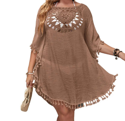 To 3XL CROCHET BIKINI-Plus Size Beach Tunic for Women, Swimwear, Sun Protection Clothes, Cover Up Swim Dress