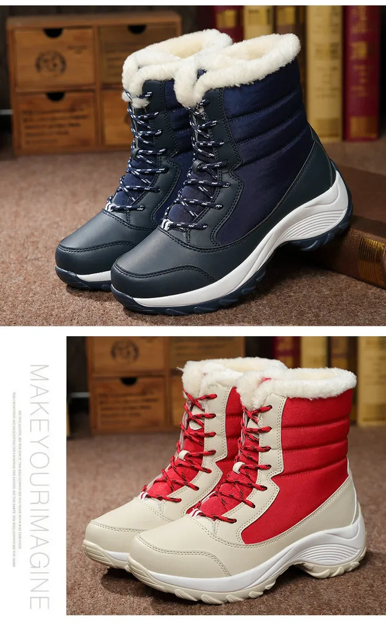 Lightweight Ankle Snow Boots with Slight Platform: Red and White, Tan and White, Navy, and Black