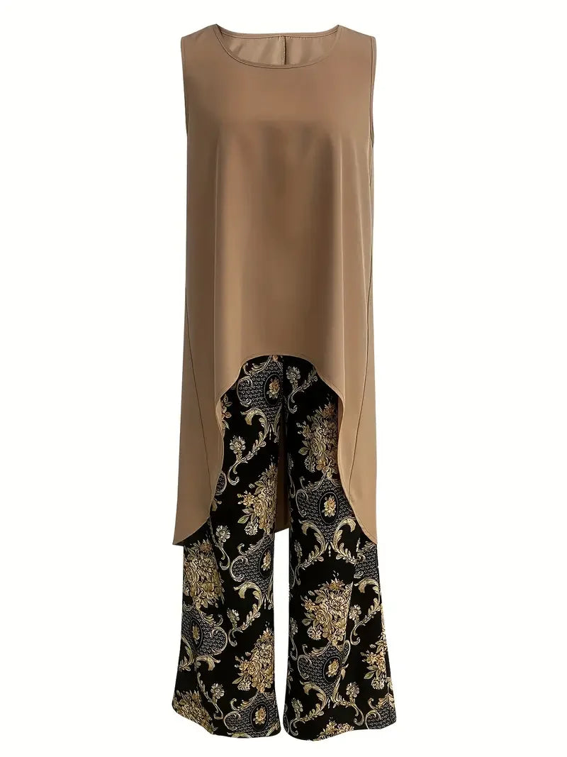Size to 5XL High Low Hem Solid Tank Top & Wide Leg Pants Outfit Floral Print Casual Pantsuits with Crew Neck