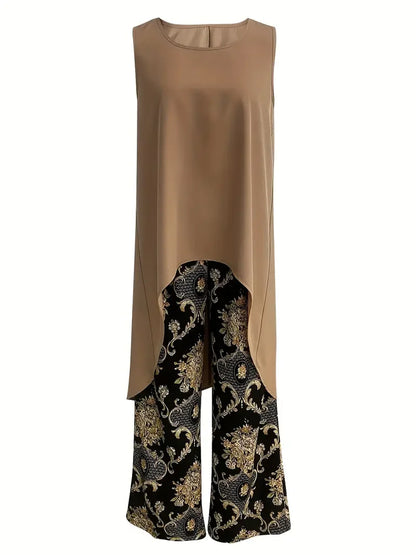 Size to 5XL High Low Hem Solid Tank Top & Wide Leg Pants Outfit Floral Print Casual Pantsuits with Crew Neck