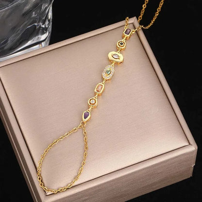 Stainless Steel Colorful Crystal Hand Chain Bracelet; Gold Color Water Drop Finger Bangle Bracelet