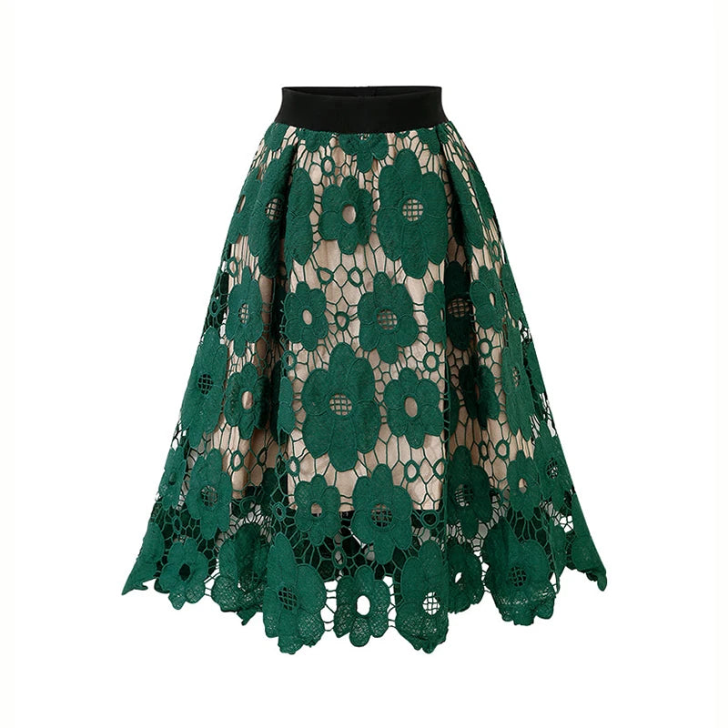 Sizes to 4XL, Lace Overlay, Vintage Mesh Plus Size Skirt with Elastic Waist A-Line Midi