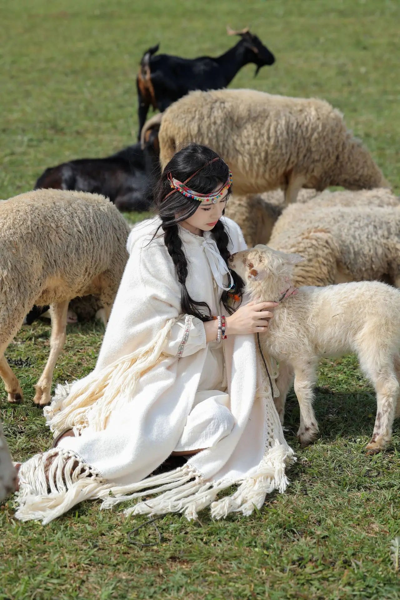 Boho Tassels Handmade Knitted Capes Thick Warm Ethnic Cloak Poncho (Red and Off White)