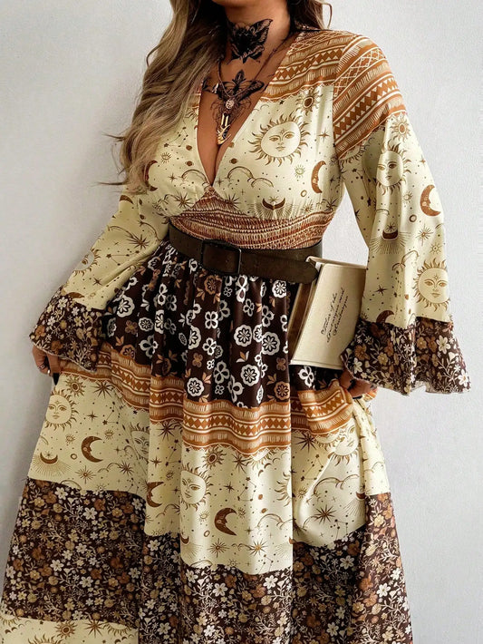 Sizes to 4XL Boho Patchwork Print Maxi Dress with Flare Sleeves, V-Neck, and High Waist