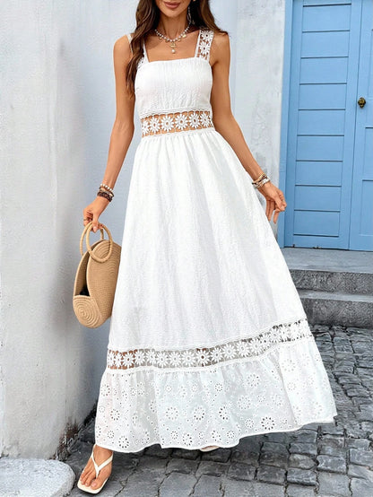Boho Sizes to 2XL White Hollowed Out Cotton Lace at Empire Waist, Straps, and Top of Ruffle at Bottom