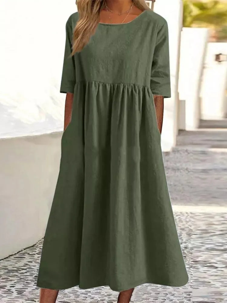 Cotton and Linen Casual Short Sleeves, Pockets, Loose Round Neck