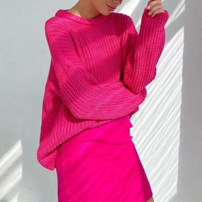 Chunky Knit Oversized Crew-Neck Pullover Sweater, 16 Colors