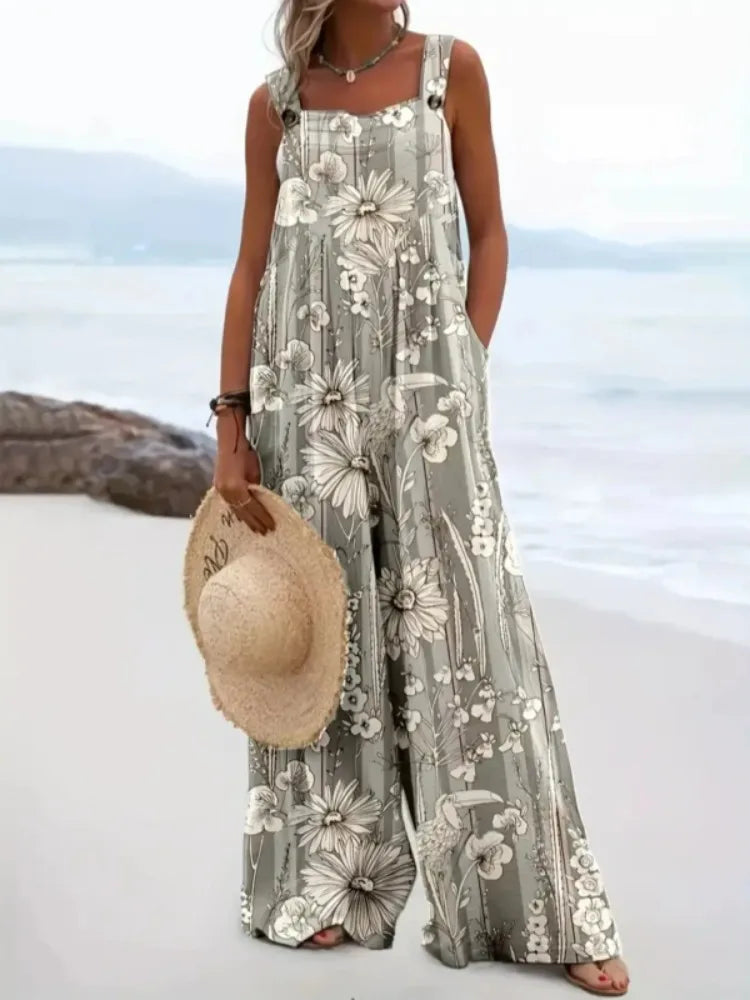 Sizes to 5XL Floral Print Loose Overalls Casual Suspender Wide-Leg Jumpsuit