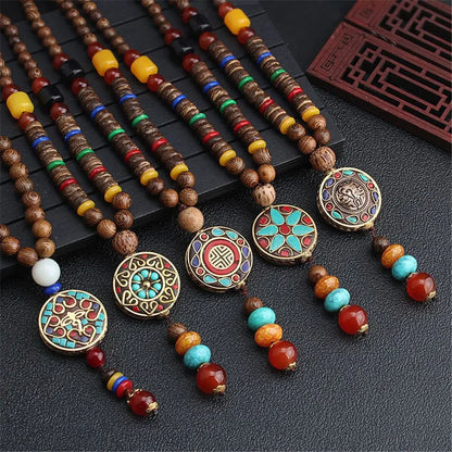 Long Wooden Beaded Tassel Boho  Necklace Nepal Wood Beads