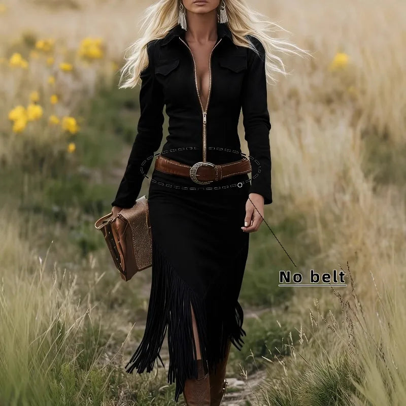 Boho Fringe Dress, Denim Look Suede, Long Sleeve, Zipper Front, Western Style
