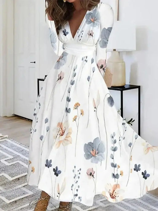 Bohemian Floral Print Deep V Neck Long Sleeve High Waist Flowy Maxi Dress With Elegant Botanical Pattern