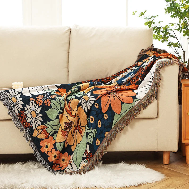 Boho Vintage Floral Jacquard Throw Blanket with Tassels Dark Blue Woven Tapestry